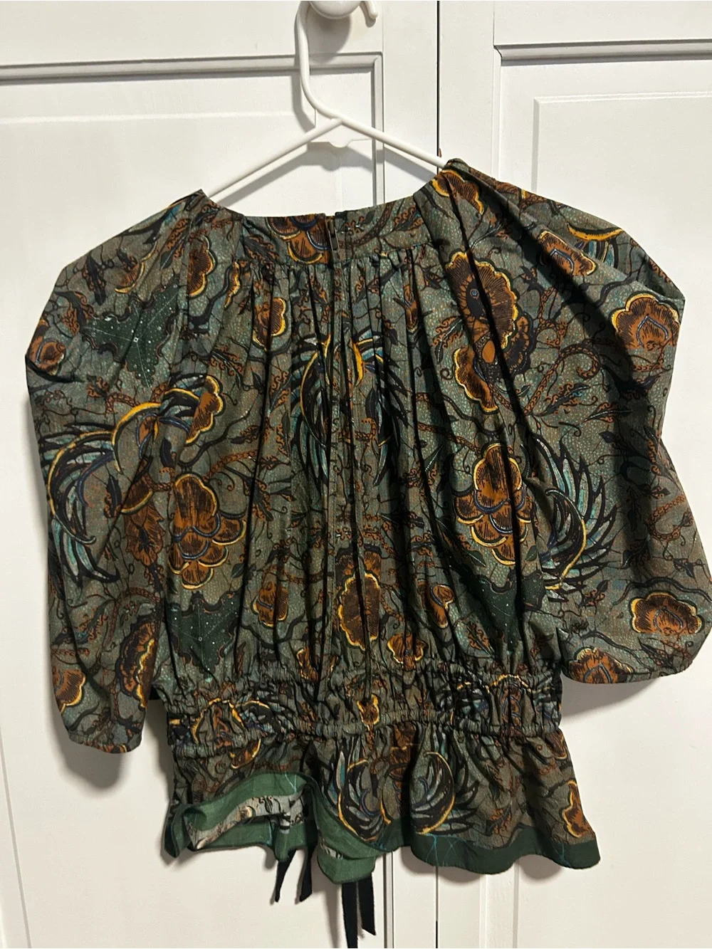 Ulla Johnson Olive Green and Brown Botanical Puff-Sleeve Blouse
